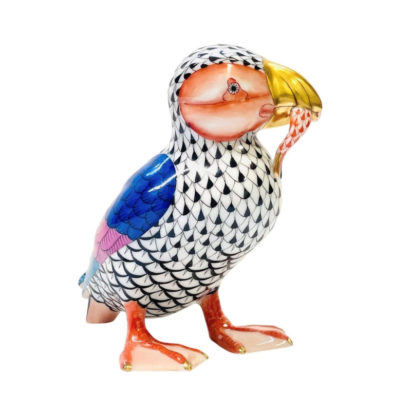 Herend Puffin With Fish Fishnet Figurine