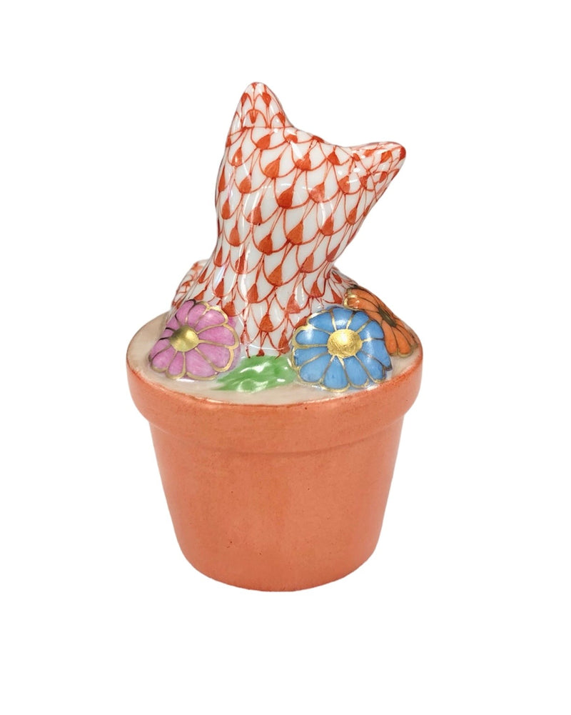 Herend Cat in Flower Pot Fishnet Figurine