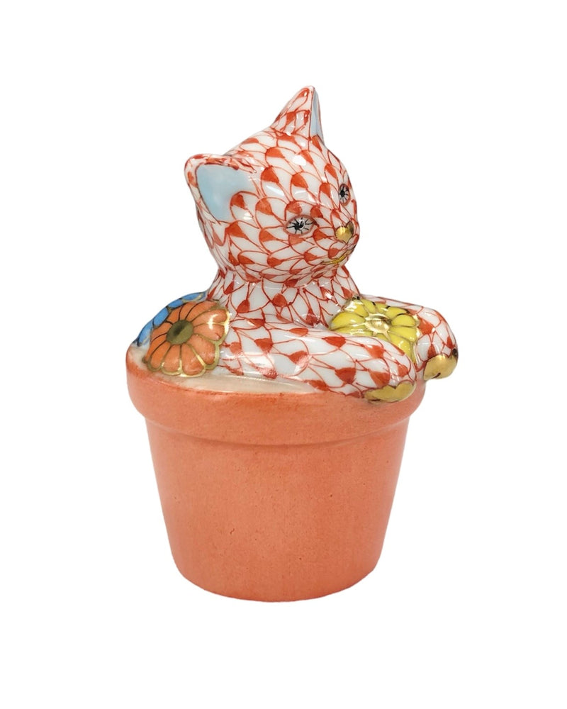 Herend Cat in Flower Pot Fishnet Figurine