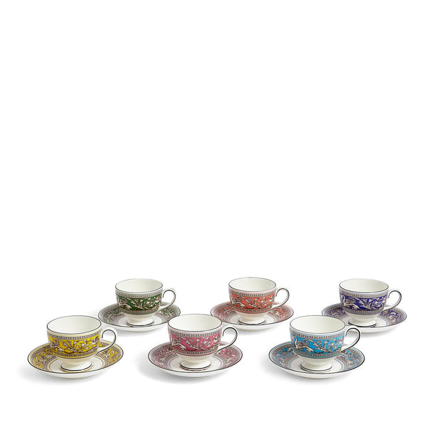 Wedgwood Florentine Turquoise Teacup and Saucer, Set of 6