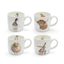 Royal Worcester Wrendale Designs Box Duck, Hare, Sheep & Highland Cow Set of 4 Mugs