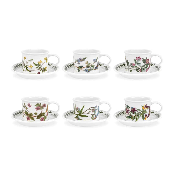 Portmeirion Botanic Garden Breakfast Cup and Saucer (Drum Shape) with New Motifs Set of 6