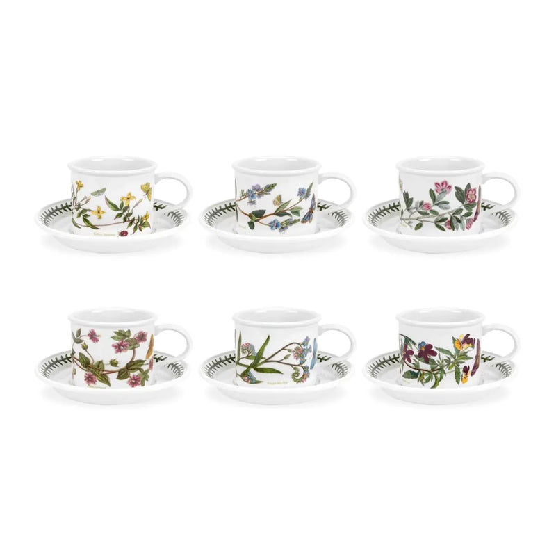 Portmeirion Botanic Garden Breakfast Cup and Saucer (Drum Shape) with New Motifs Set of 6