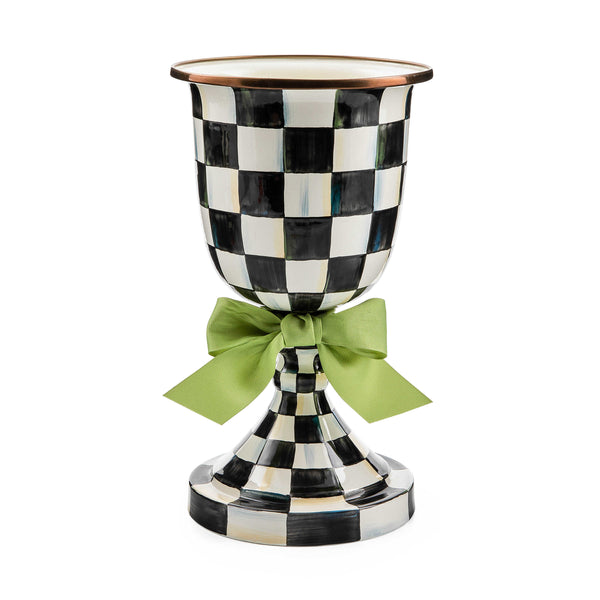 MacKenzie-Childs Courtly Check Enamel Pedestal Vase with Green Bow