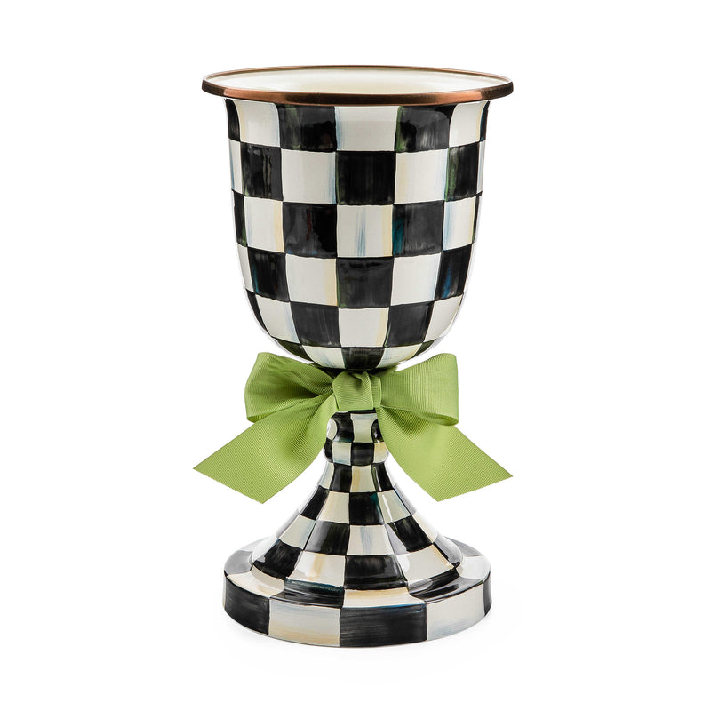 MacKenzie-Childs Courtly Check Enamel Pedestal Vase with Green Bow