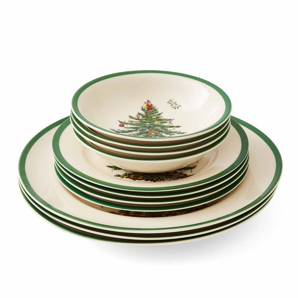 Spode Christmas Tree 12 Piece Set - 4 x 27cm Dinner Plates, 20cm Salad Plates, 15cm Cereal Bowls