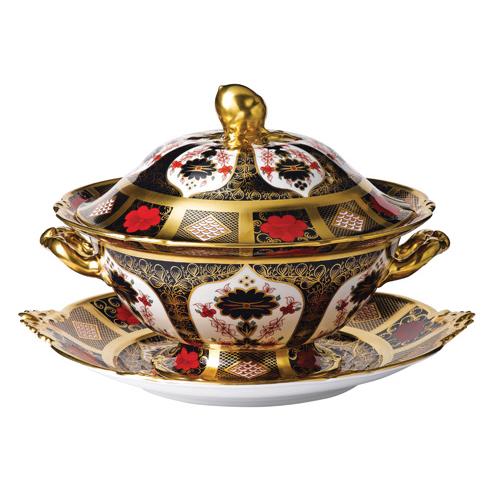 Royal Crown Derby Old Imari Solid Gold Band Soup Tureen & Stand Set